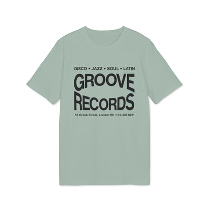 Sage green t-shirt with black text on the chest reading Groove Records.