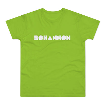 Lime green t-shirt with white "BOHANNON" text in a modern font.