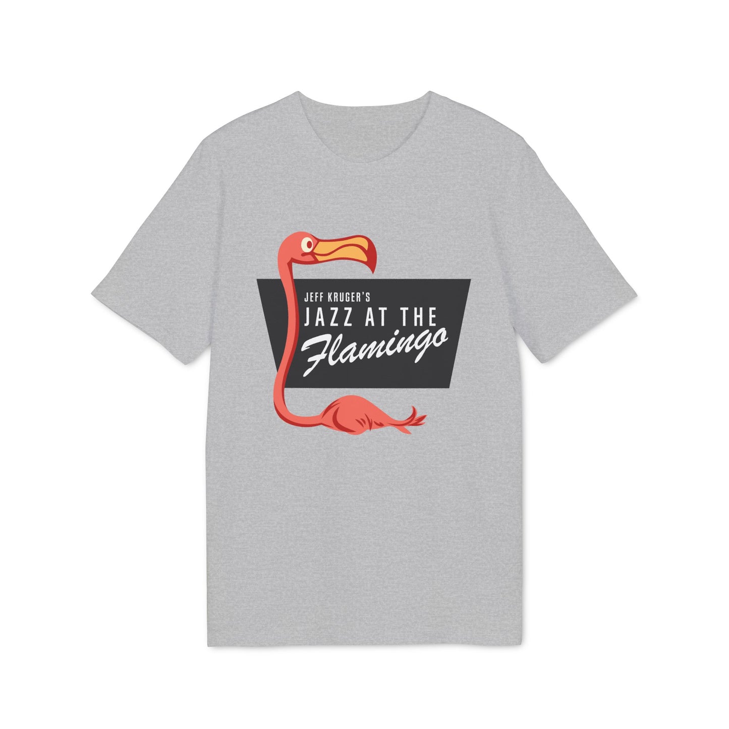 Grey t-shirt with "Jeff Kruger's Jazz at the Flamingo" text and flamingo graphic.