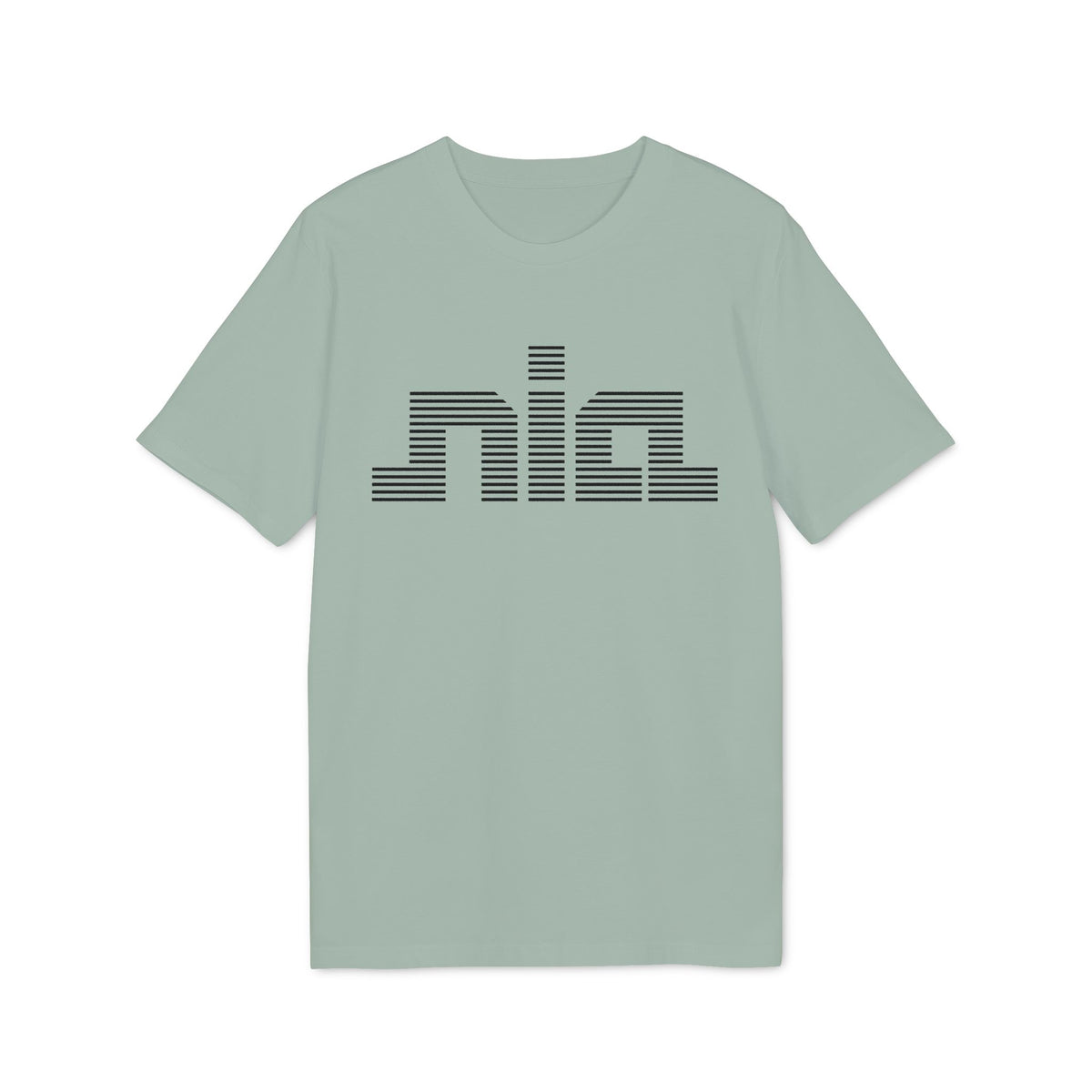 Sage green short-sleeved crew neck t-shirt featuring black striped lettering spelling nia on the chest.