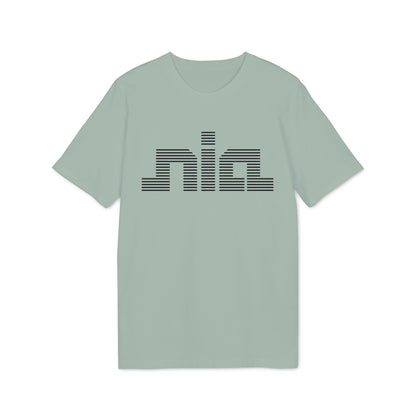 Sage green short-sleeved crew neck t-shirt featuring black striped lettering spelling nia on the chest.
