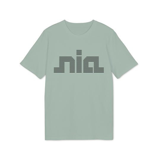 Sage green short-sleeved crew neck t-shirt featuring black striped lettering spelling nia on the chest.