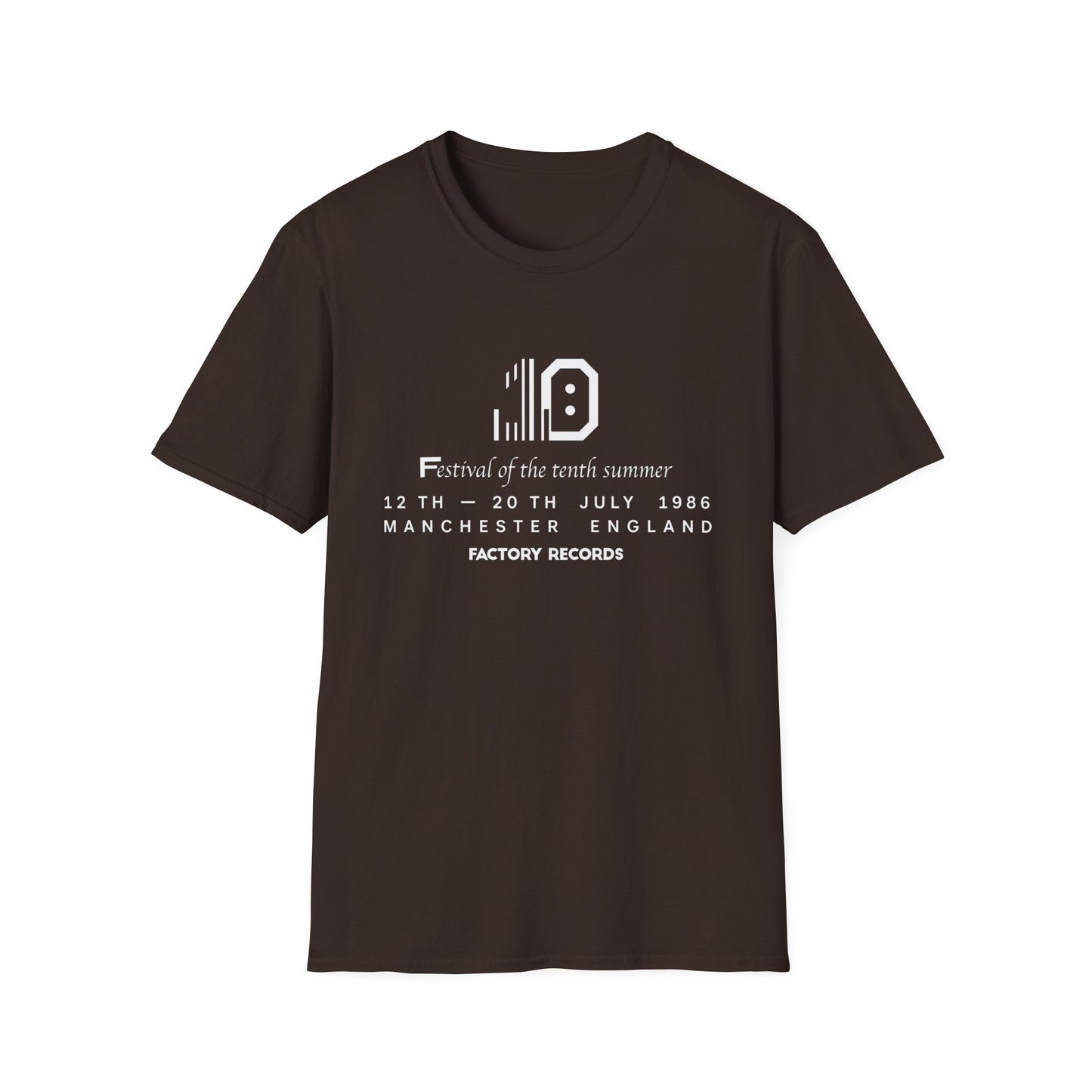 Brown t-shirt with "Festival of the tenth summer" and Factory Records event details.