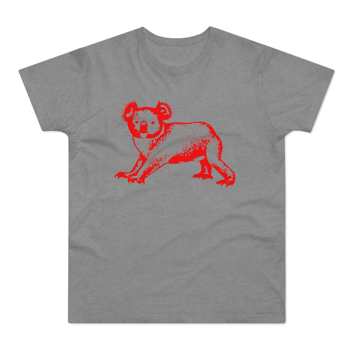A gray short-sleeved t-shirt featuring a red graphic of a koala on the front.