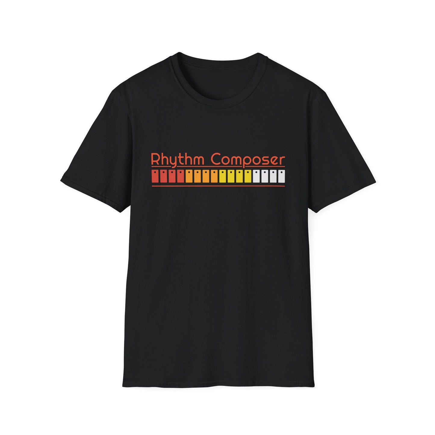 Black t-shirt with "Rhythm Composer" and a colorful button grid graphic.