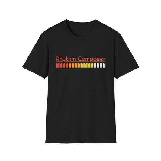 Black t-shirt with "Rhythm Composer" and a colorful button grid graphic.