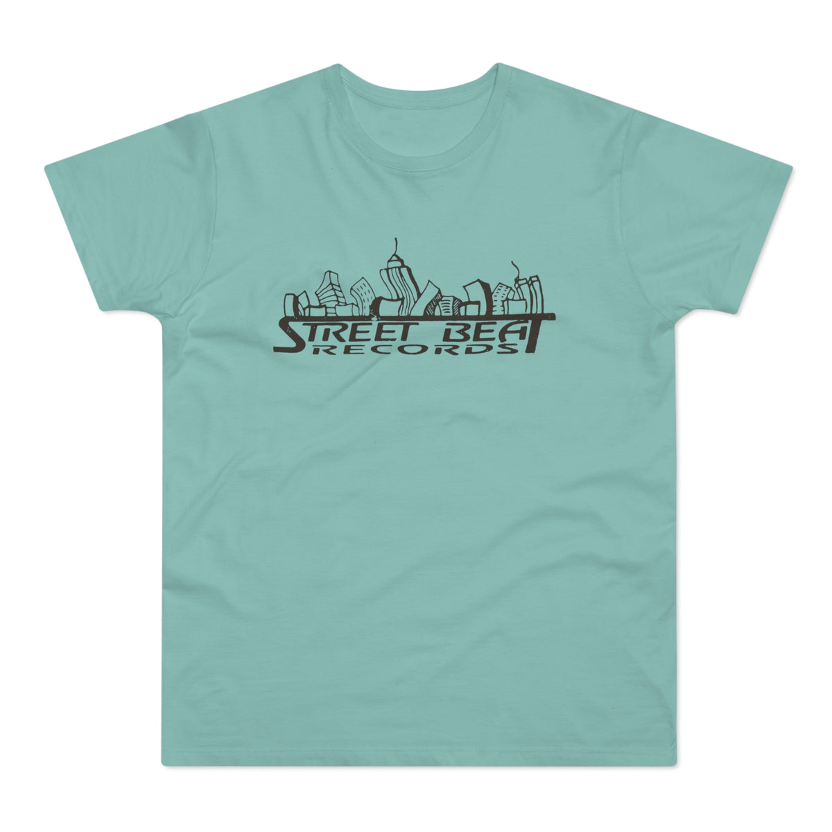 Mint green t-shirt with a black skyline graphic and "Street Beat Records" text.