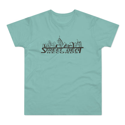 Mint green t-shirt with a black skyline graphic and "Street Beat Records" text.
