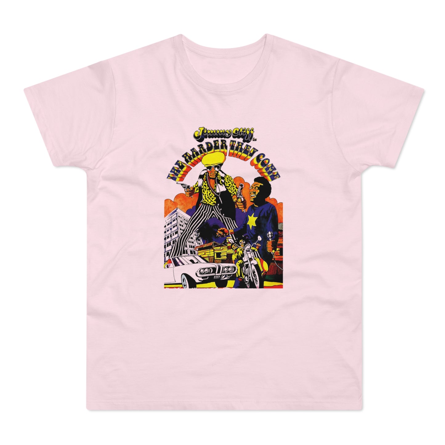 Jimmy Cliff's The Harder They Come graphic with men, car, and motorcycle.
