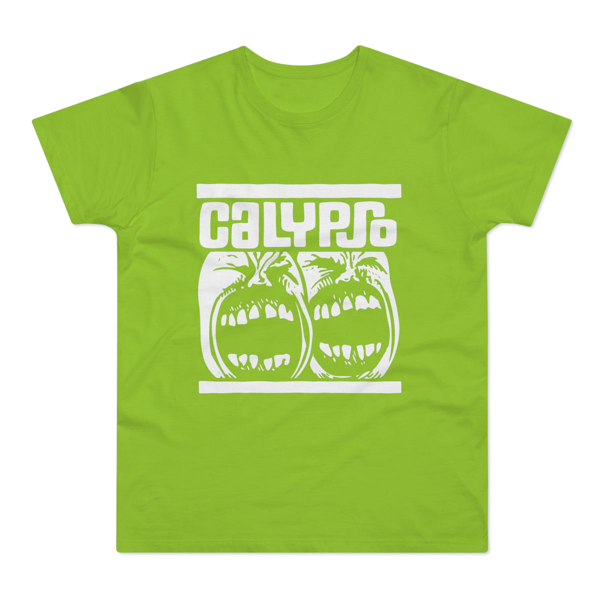 Lime green t-shirt with white "CALYPSO" text and two screaming faces.