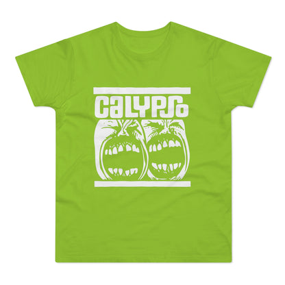 Lime green t-shirt with white "CALYPSO" text and two screaming faces.