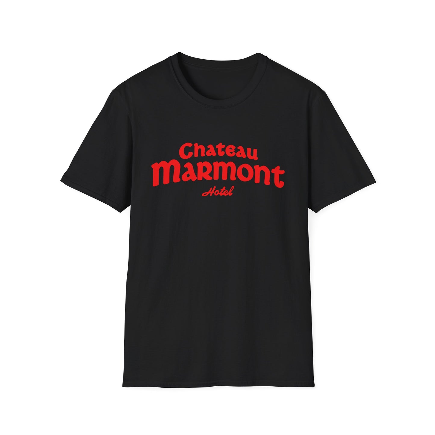 Black t-shirt with red Chateau Marmont Hotel text.