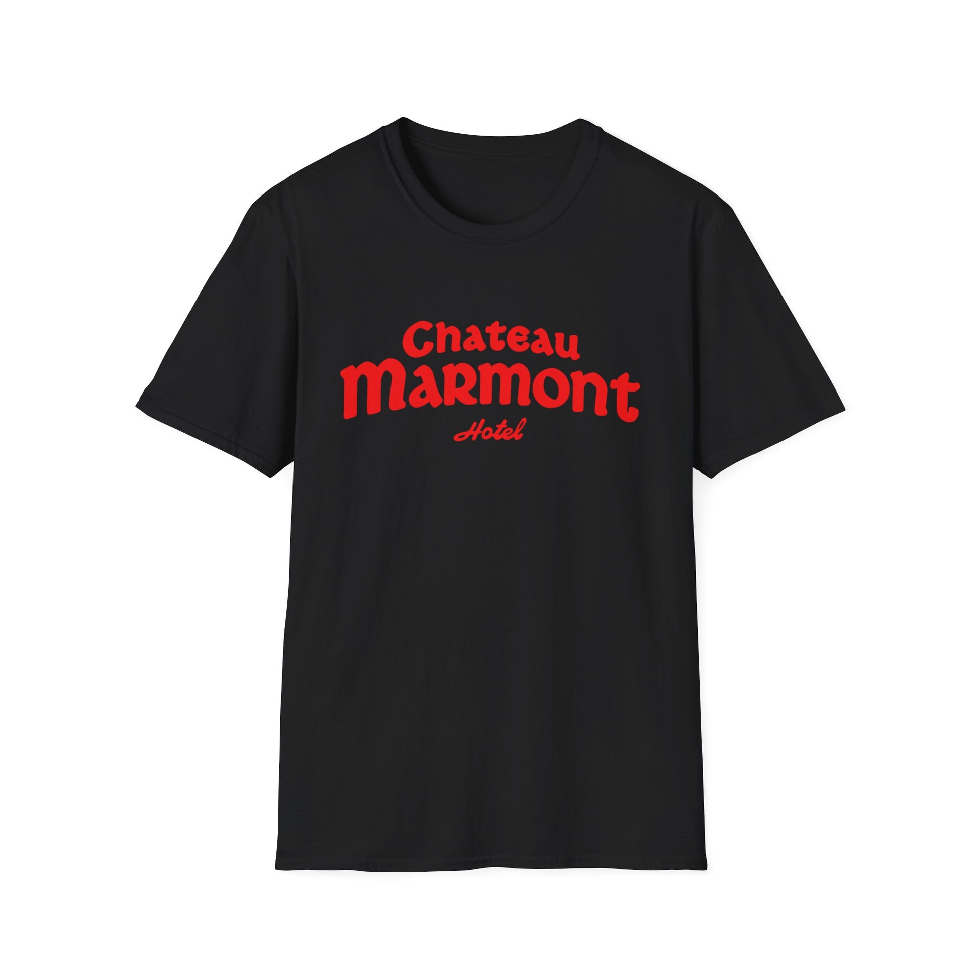 Black t-shirt with red Chateau Marmont Hotel text.