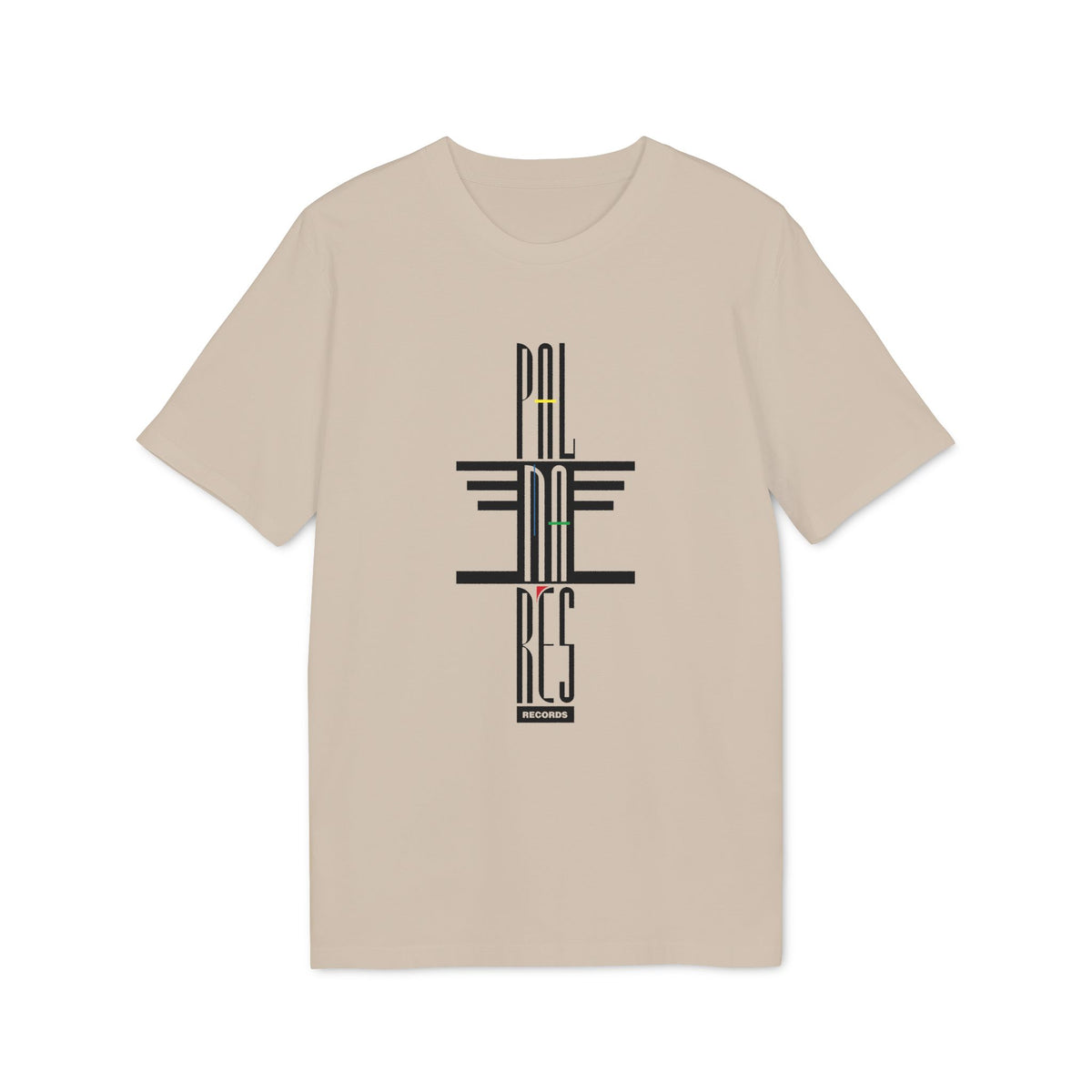 A beige crewneck t-shirt featuring a vertical, art-deco-style black graphic that reads PALOMARES RECORDS.