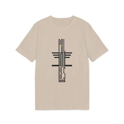 A beige crewneck t-shirt featuring a vertical, art-deco-style black graphic that reads PALOMARES RECORDS.