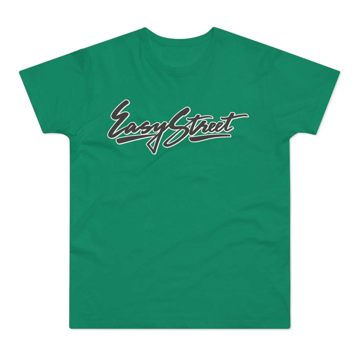 Green t-shirt with "Easy Street" in black cursive text