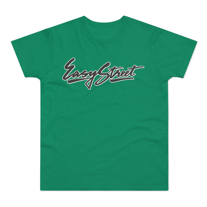 Green t-shirt with "Easy Street" in black cursive text