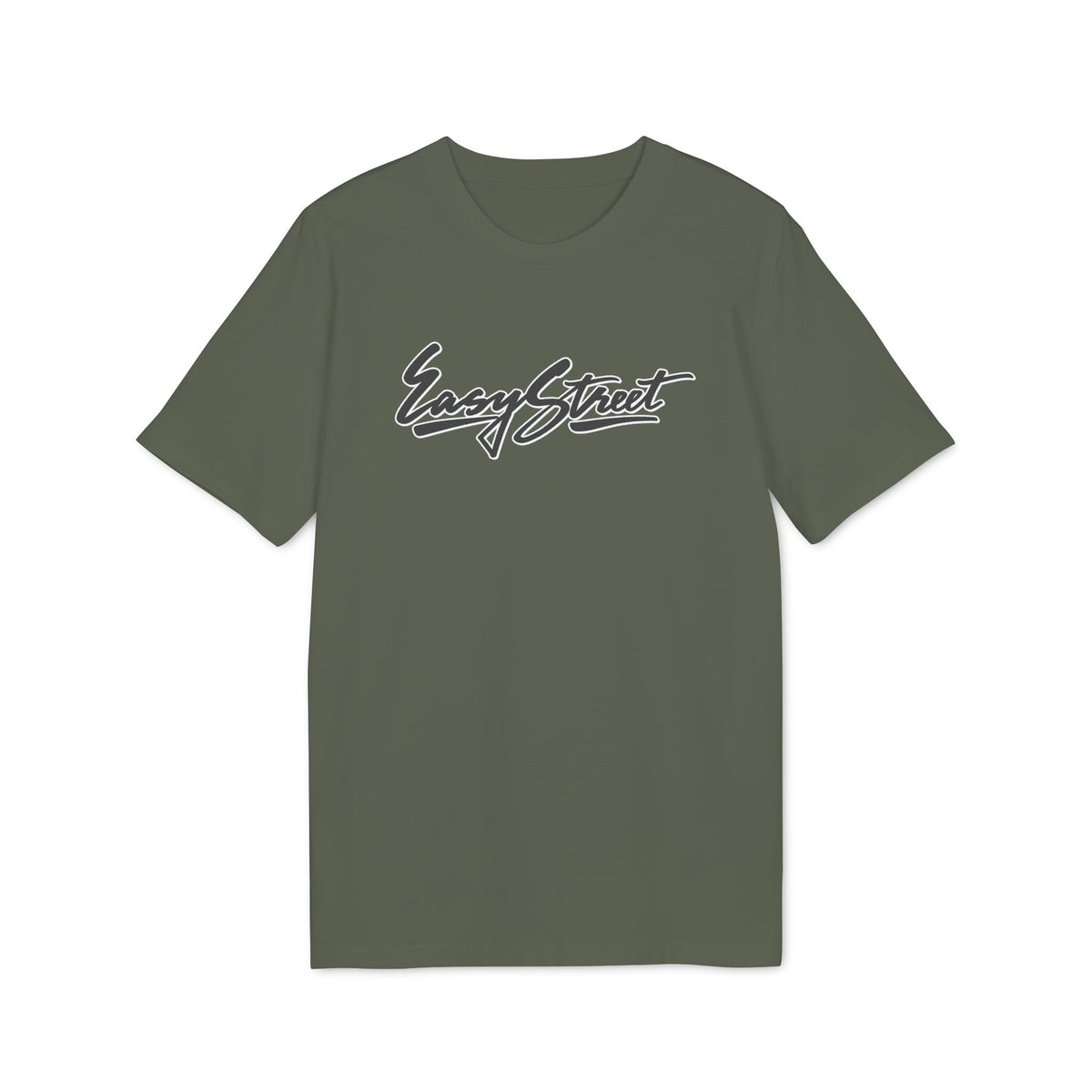 An olive green t-shirt featuring the white script text Easy Street centered on the chest.
