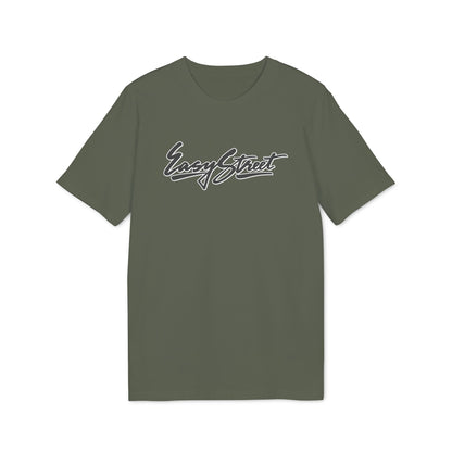 An olive green t-shirt featuring the white script text Easy Street centered on the chest.