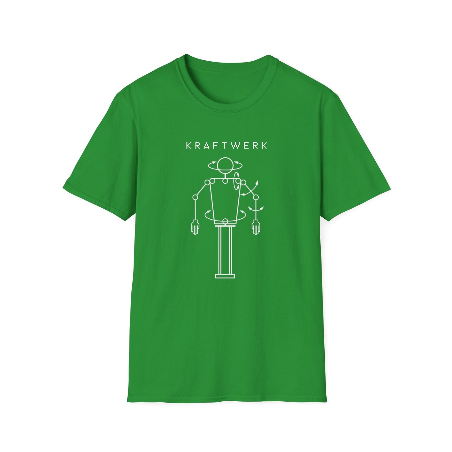 Green t-shirt with white logo and robot graphic.