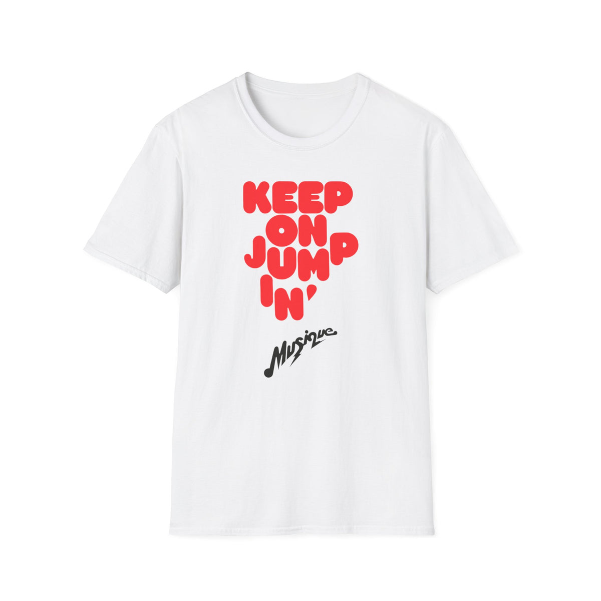 White t-shirt with red text "KEEP ON JUMP'N" and black text "Musique".