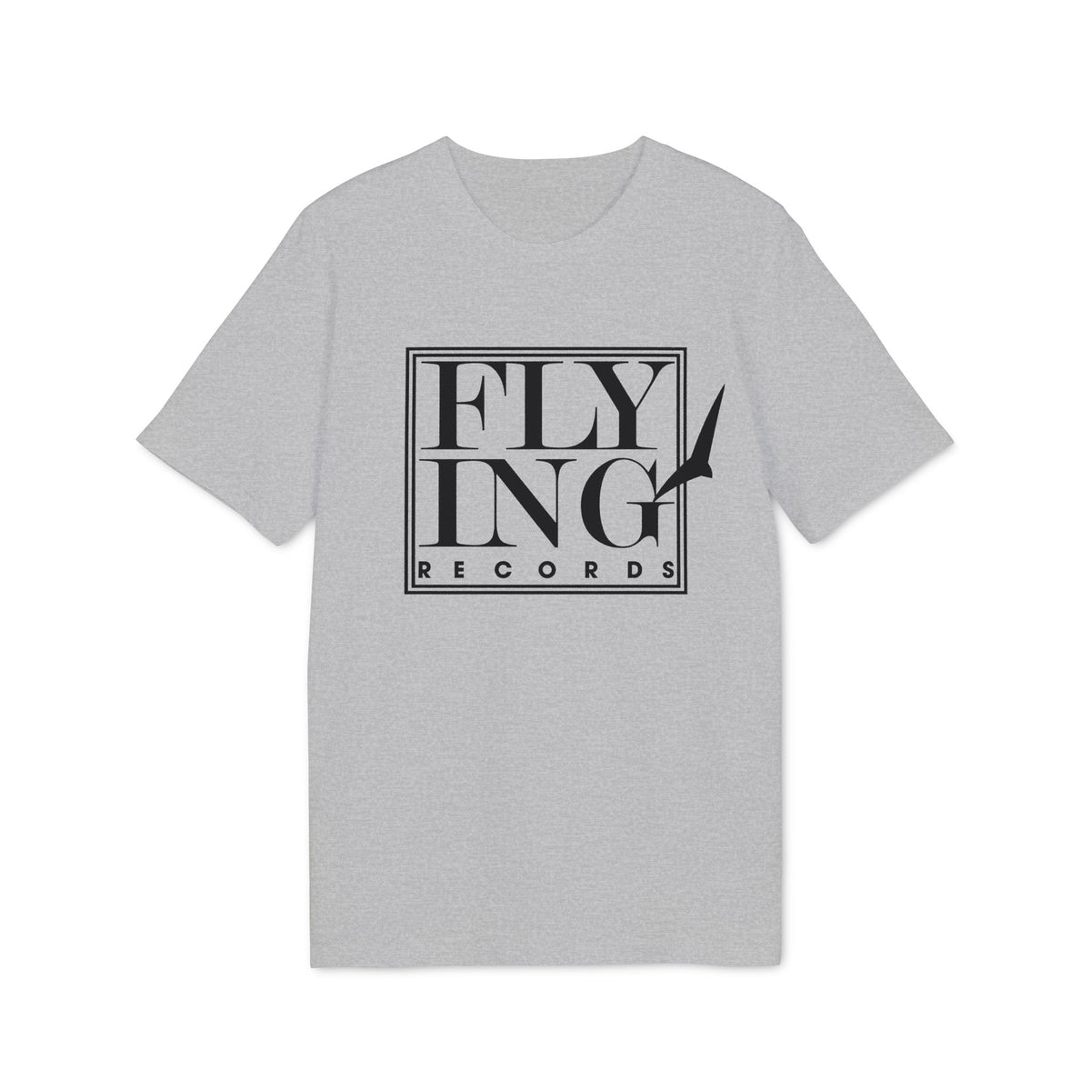 A grey short-sleeve t-shirt with a black Flying Records logo printed on the chest.