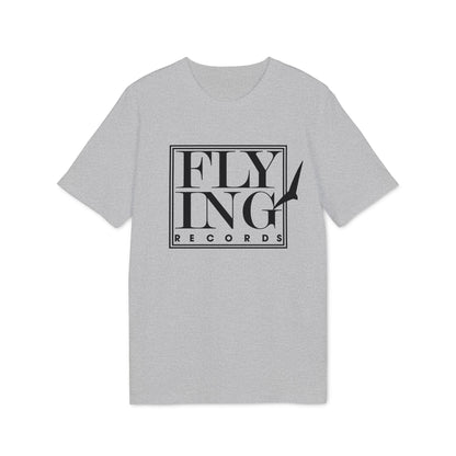 A grey short-sleeve t-shirt with a black Flying Records logo printed on the chest.