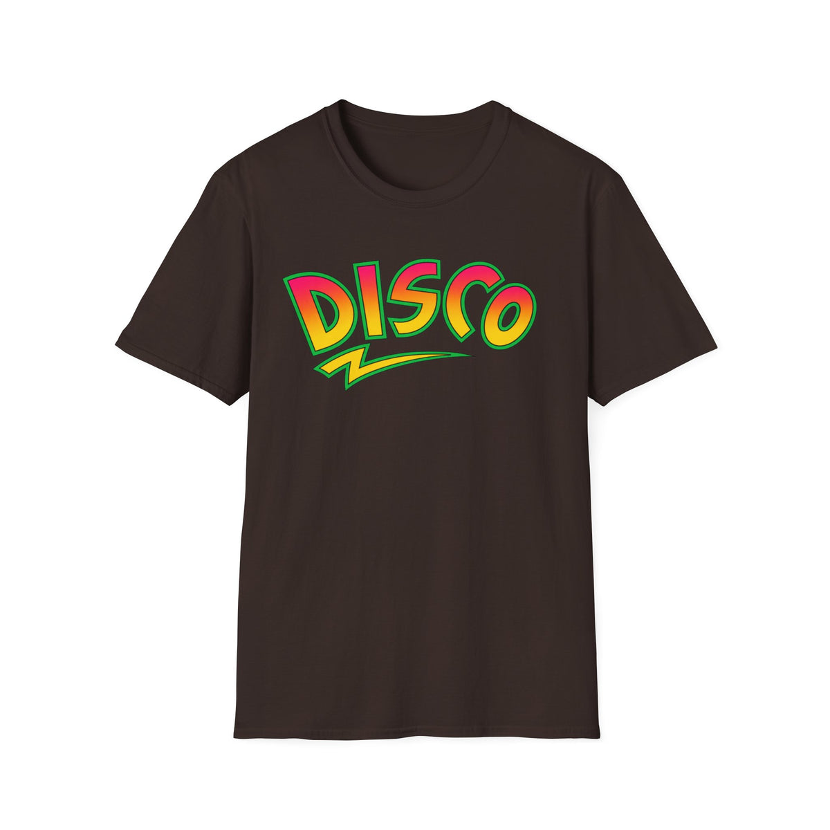Brown t-shirt with a colorful "Disco" graphic and yellow lightning bolt.