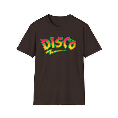 Brown t-shirt with a colorful "Disco" graphic and yellow lightning bolt.
