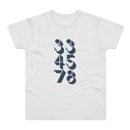 White t-shirt with navy blue graphic numbers 334578.