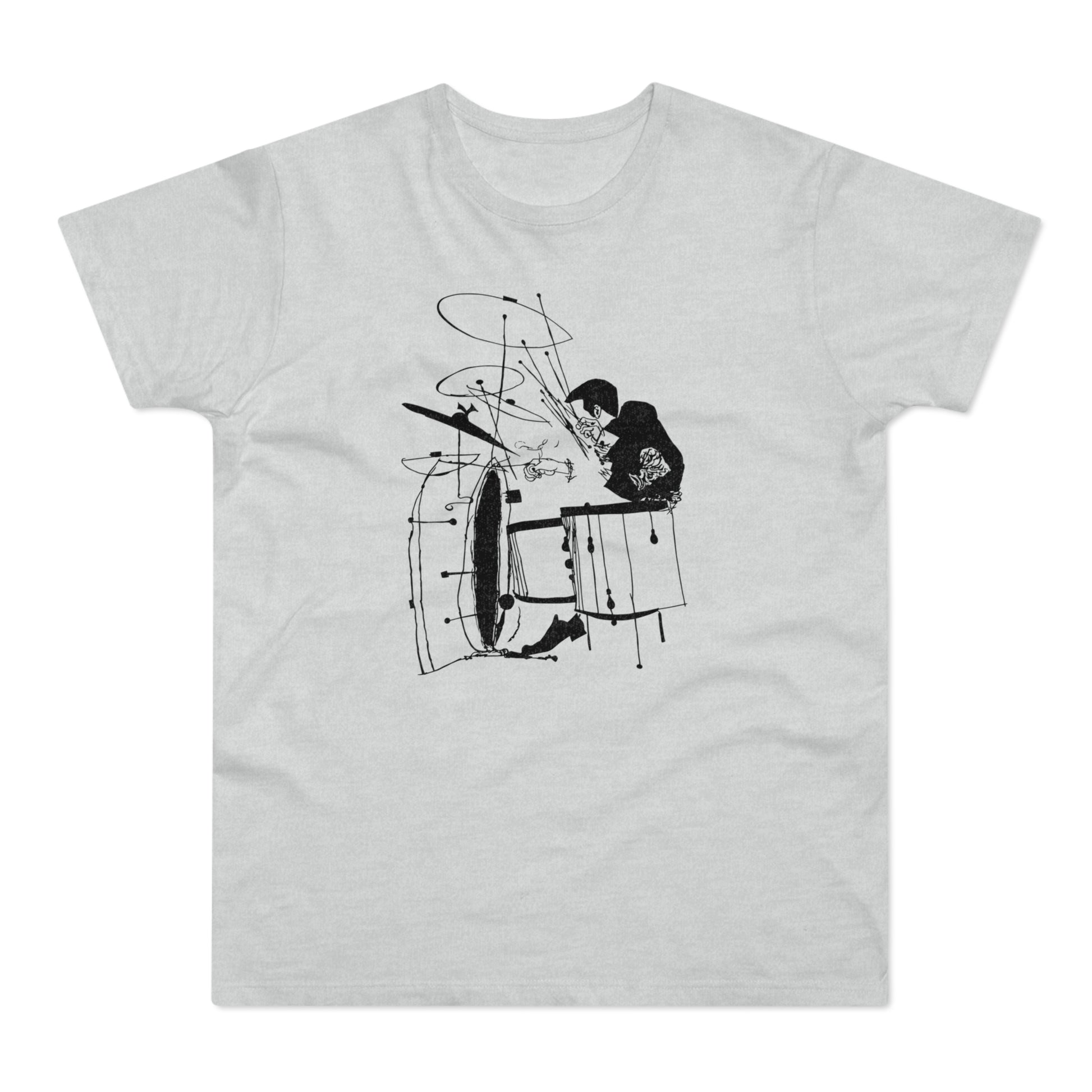 Sketch of a drummer playing a drum set with abstract lines.