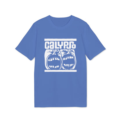 Blue t-shirt featuring a white graphic print of the word CALYPSO above two screaming faces.