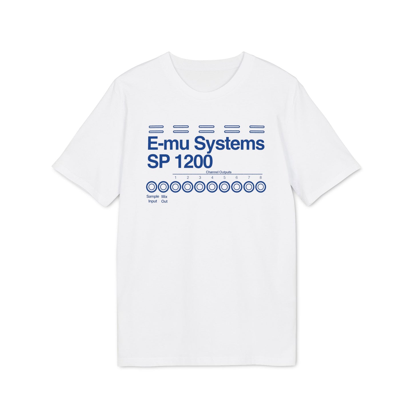White t-shirt with blue E-mu Systems SP 1200 graphic and channel outputs.