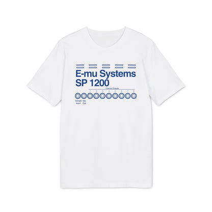 White t-shirt with blue E-mu Systems SP 1200 graphic and channel outputs.
