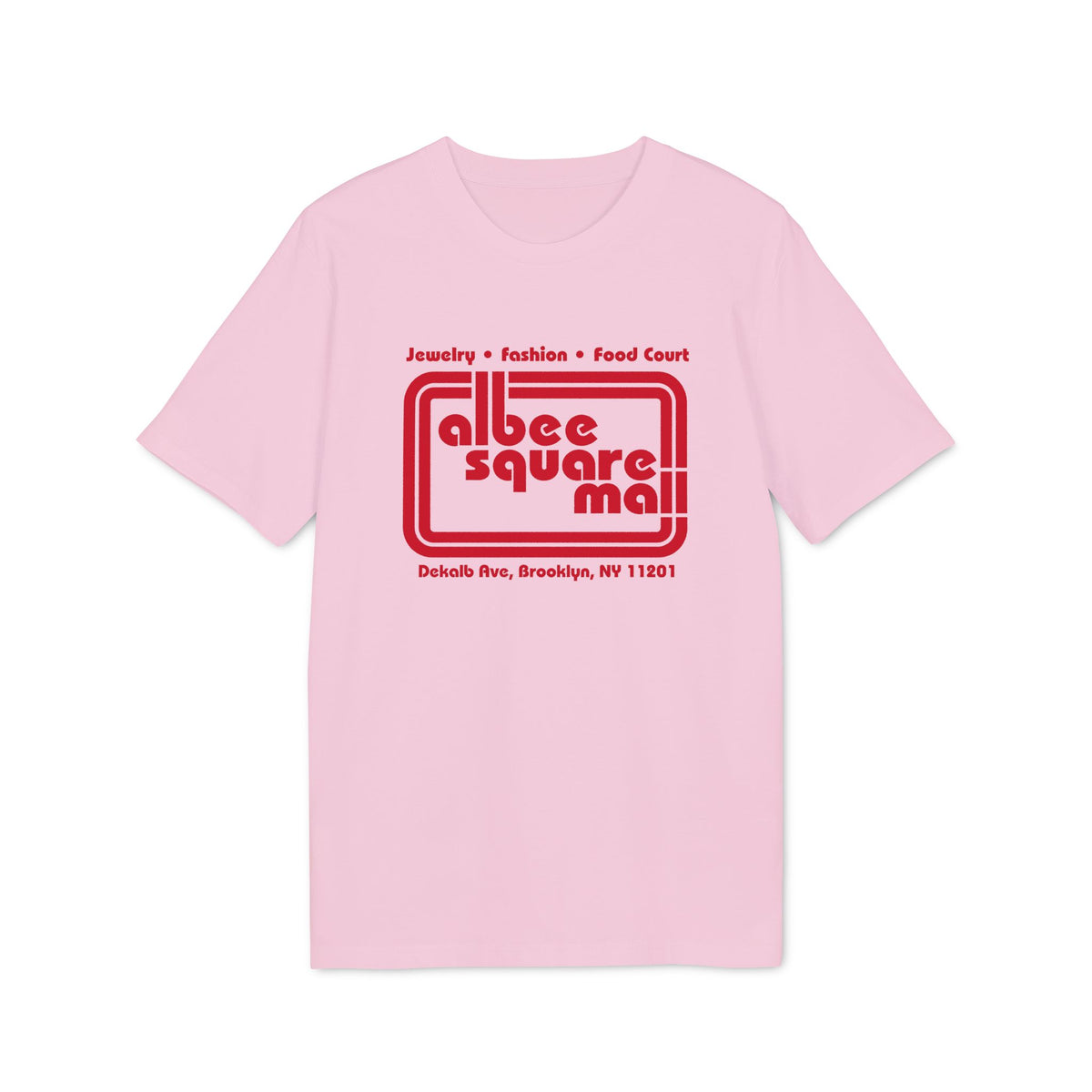 Light pink short-sleeve t-shirt with red Albee Square Mall graphic on the chest.