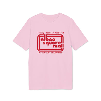 Light pink short-sleeve t-shirt with red Albee Square Mall graphic on the chest.