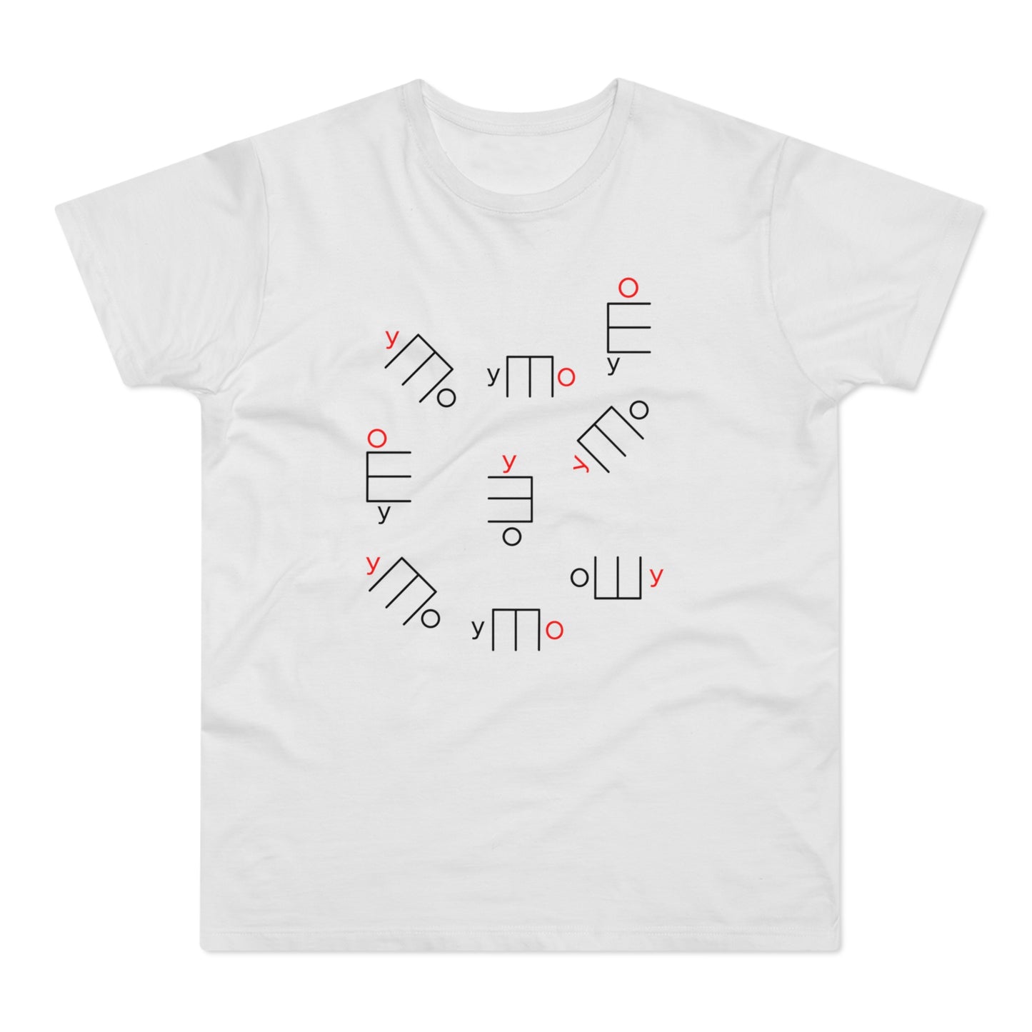 White t-shirt with a pattern of black and red abstract shapes and the letter "y".