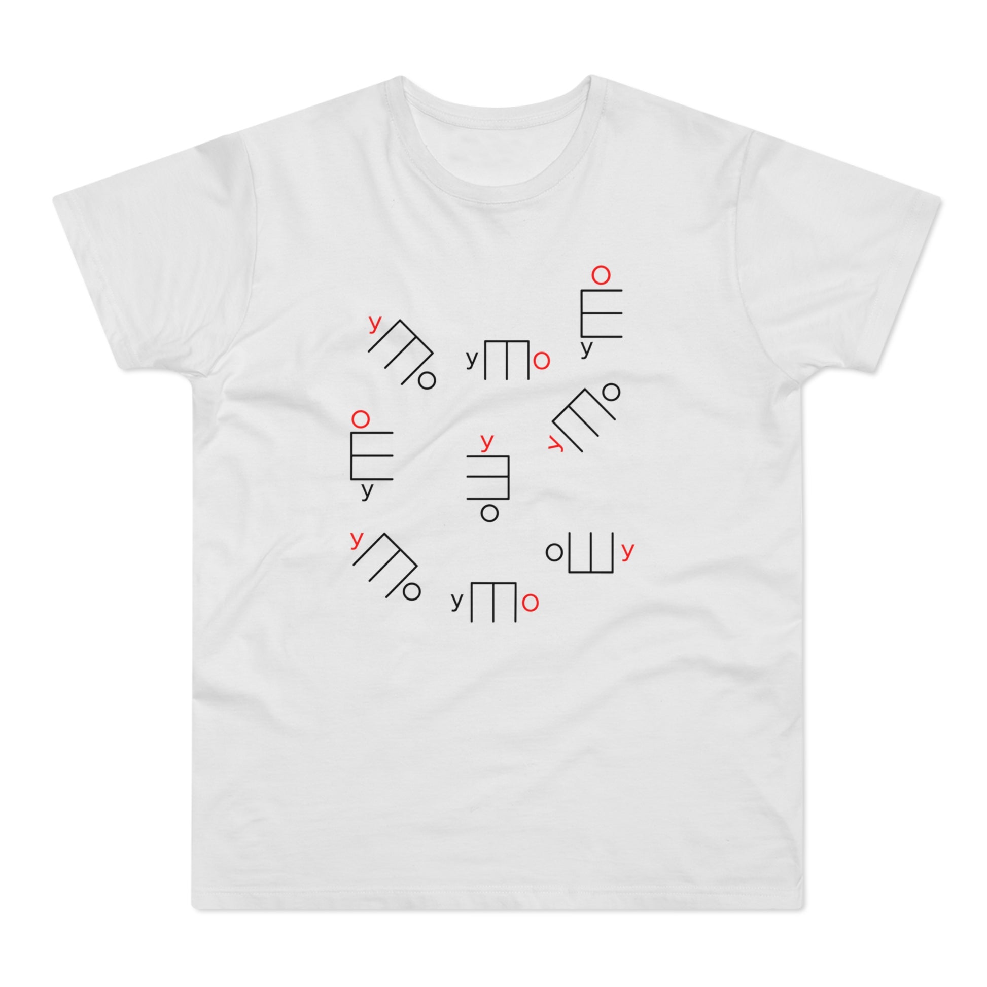 White t-shirt with a pattern of black and red abstract shapes and the letter "y".