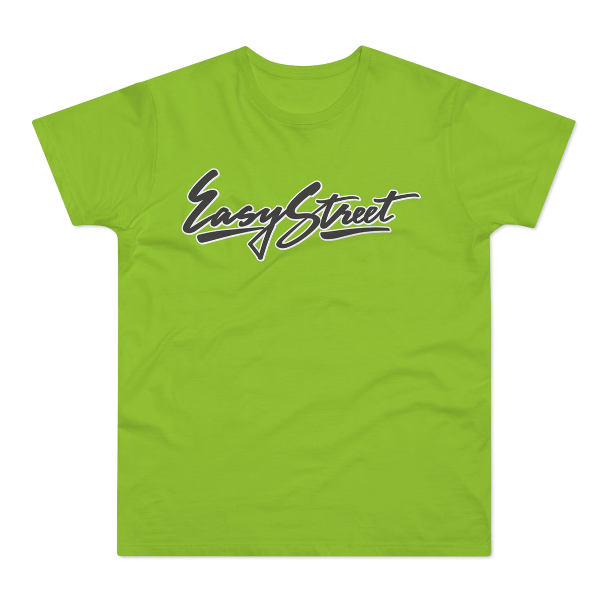 Lime green t-shirt with "Easy Street" in grey script font.
