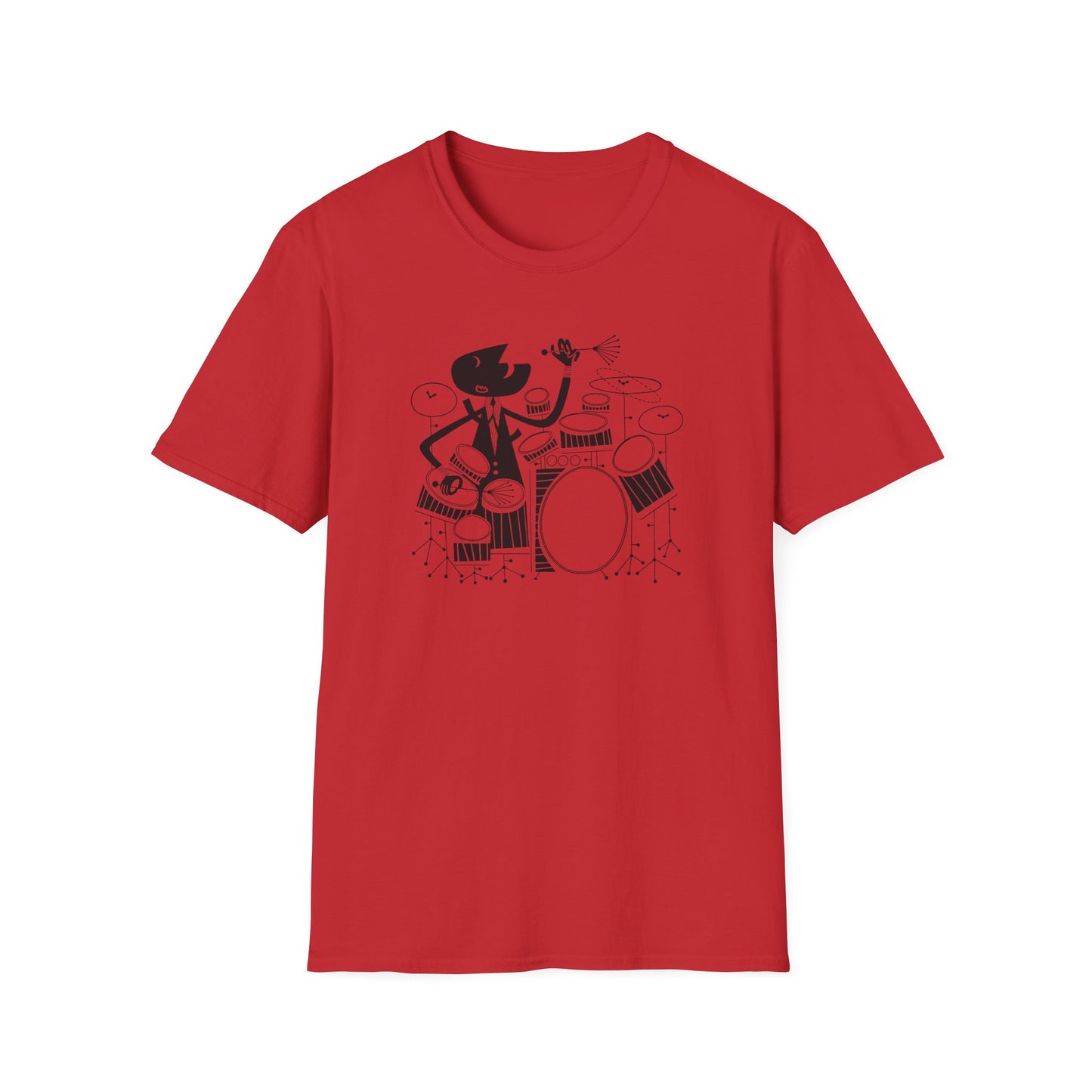 Red t-shirt with a black silhouette of a cartoon cowboy playing drums.