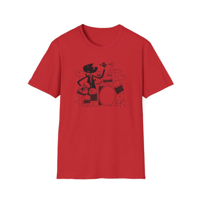 Red t-shirt with a black silhouette of a cartoon cowboy playing drums.