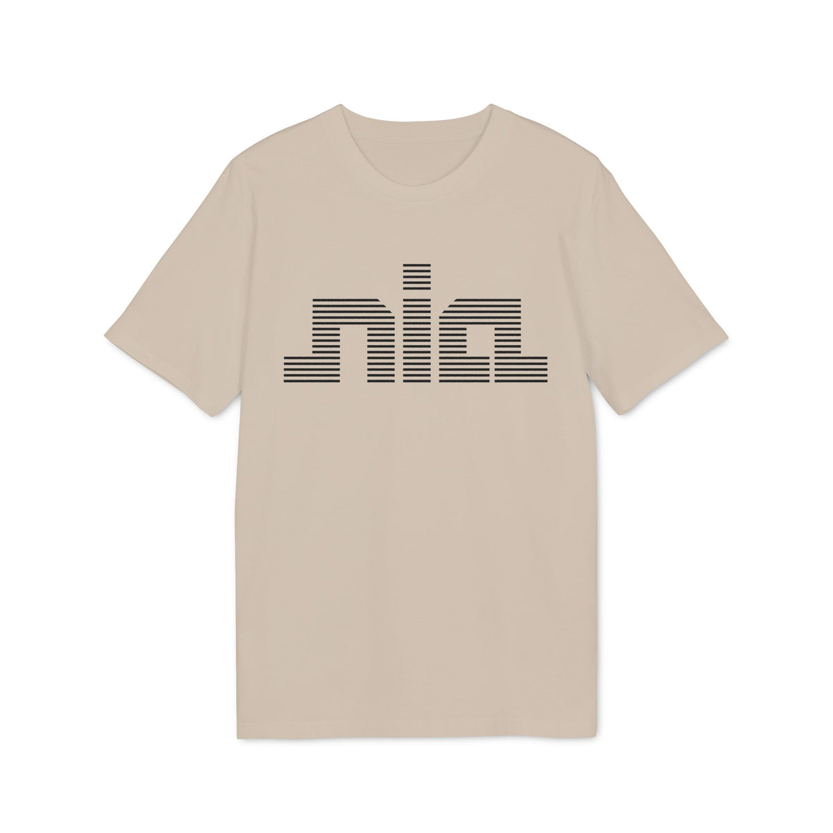 A short-sleeve crewneck t-shirt in beige featuring a black striped graphic spelling nia.