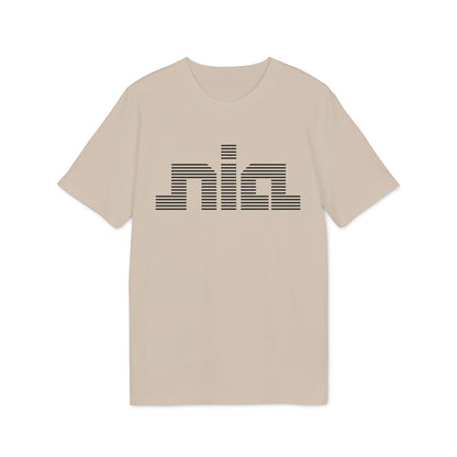 A short-sleeve crewneck t-shirt in beige featuring a black striped graphic spelling nia.