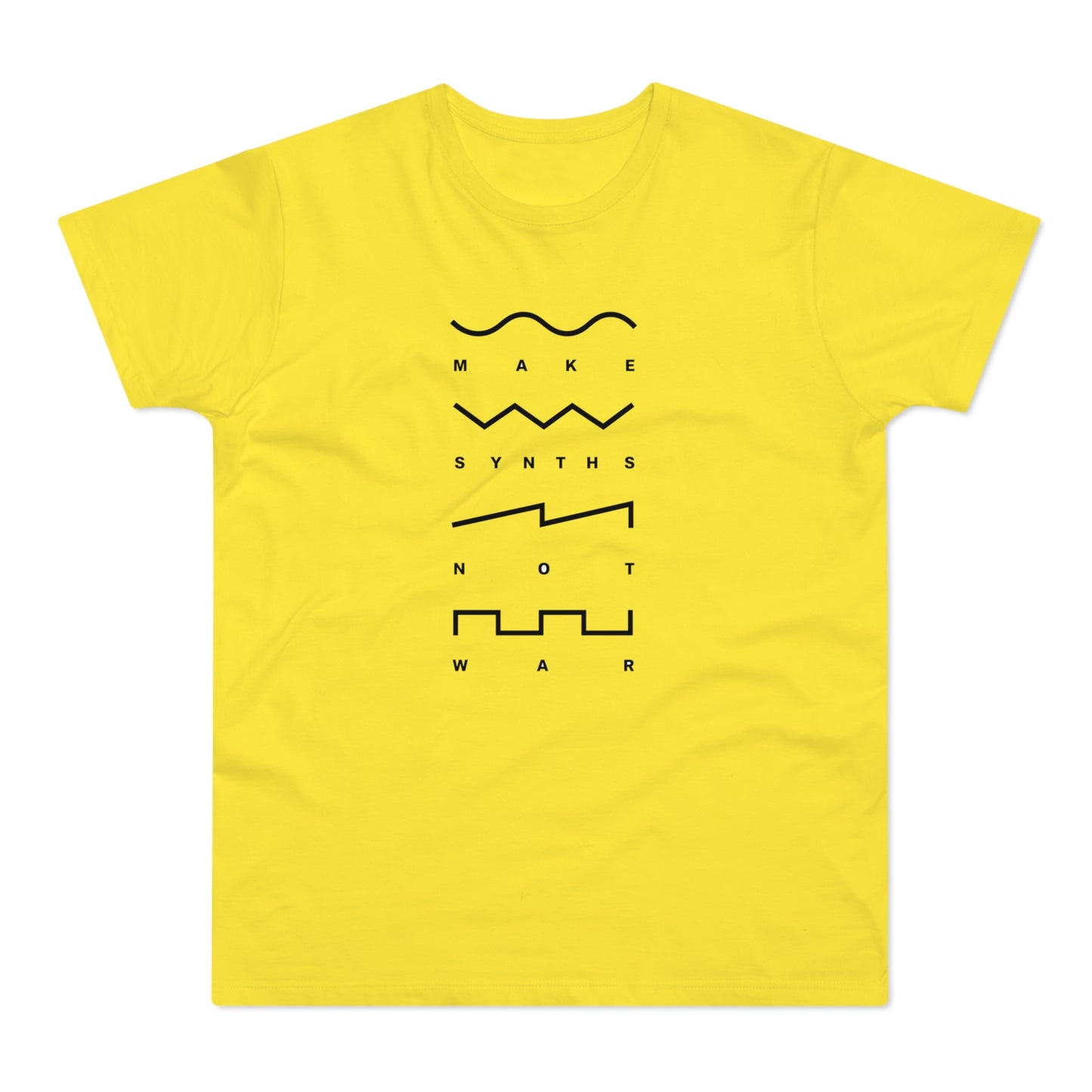 Yellow t-shirt with black text and waveforms that read "Make Synths Not War."