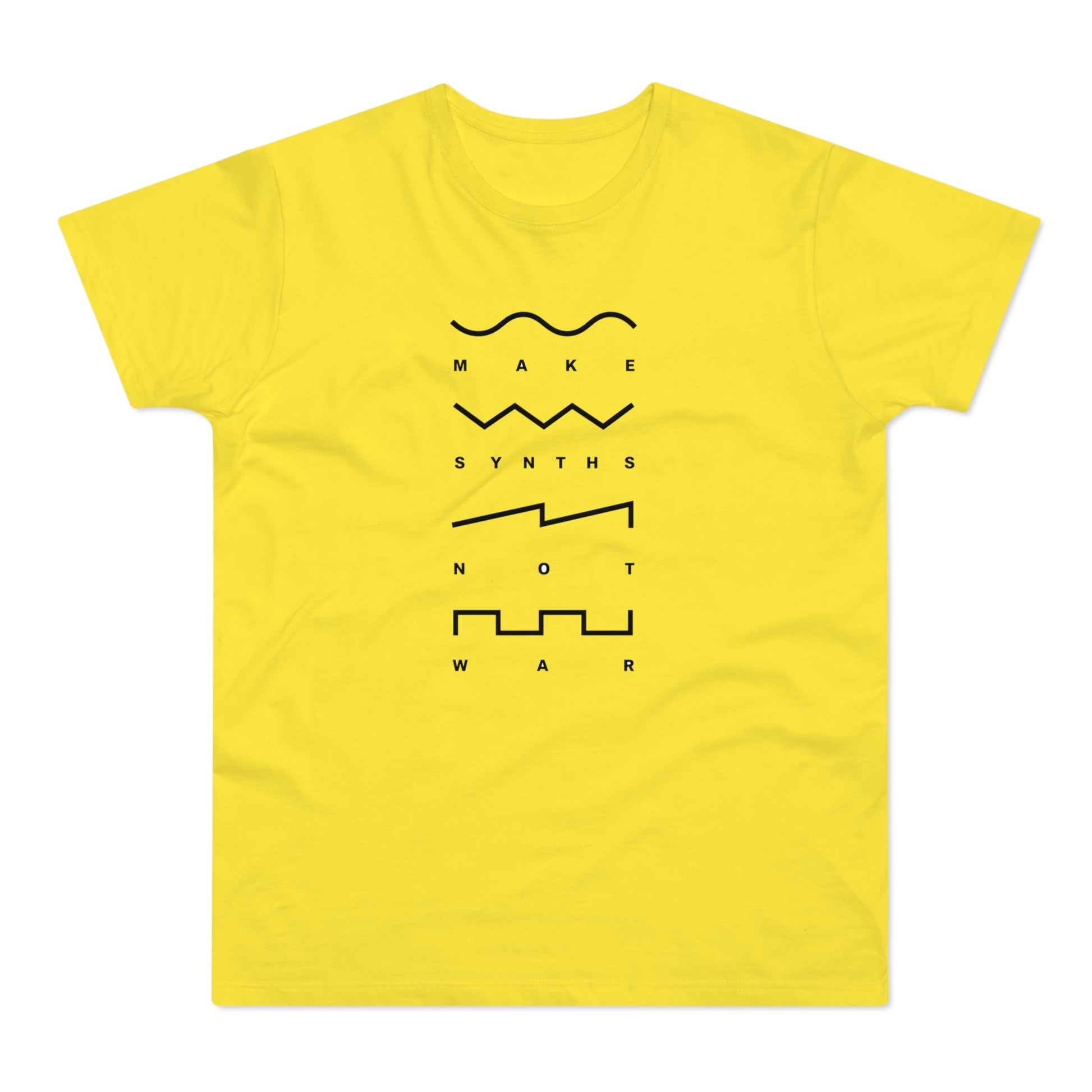 Yellow t-shirt with black text and waveforms that read "Make Synths Not War."