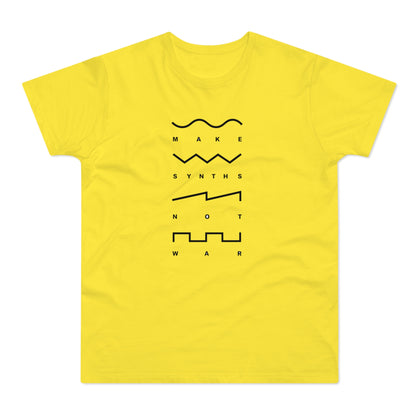 Yellow t-shirt with black text and waveforms that read "Make Synths Not War."