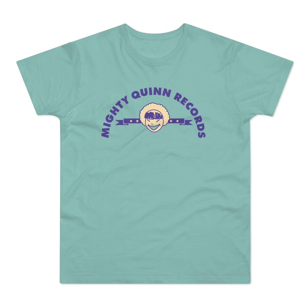 Mighty Quinn Records logo on a light teal t-shirt.