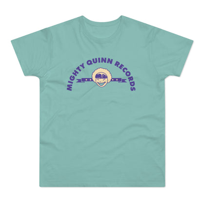 Mighty Quinn Records logo on a light teal t-shirt.