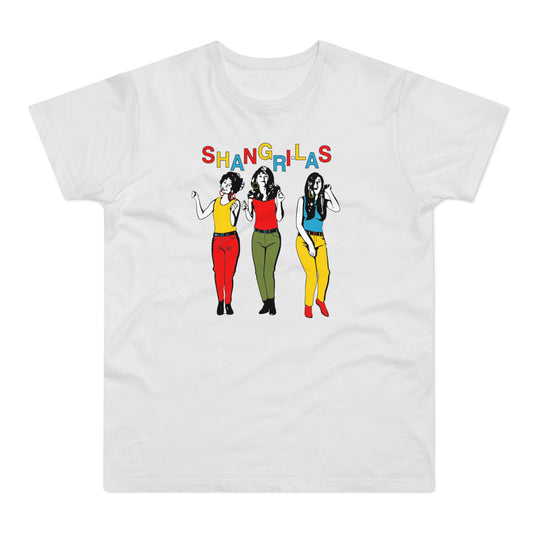 Three women dancing under a colorful "SHANGRI-LAS" logo on a white t-shirt.