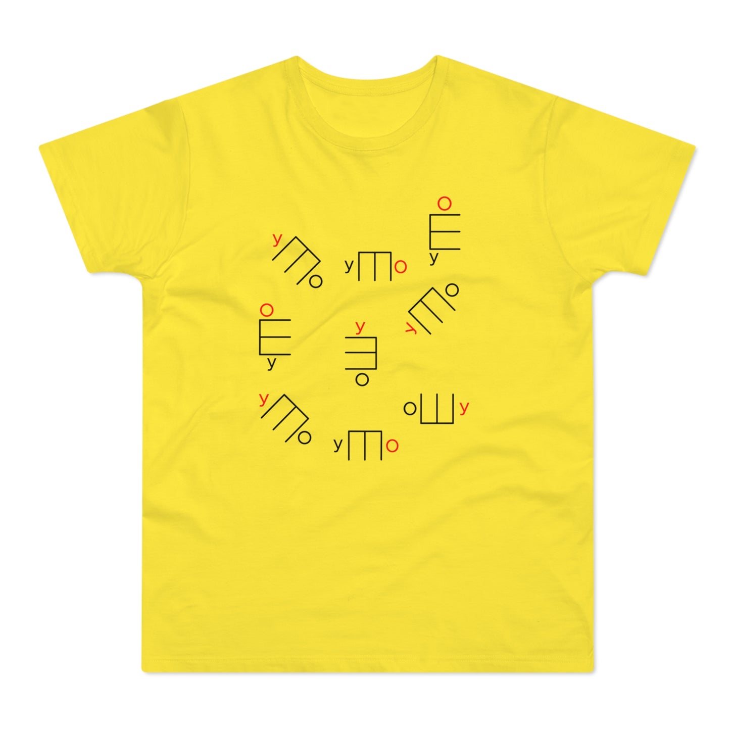 Yellow t-shirt with a scattered pattern of black and red minimalist symbols.